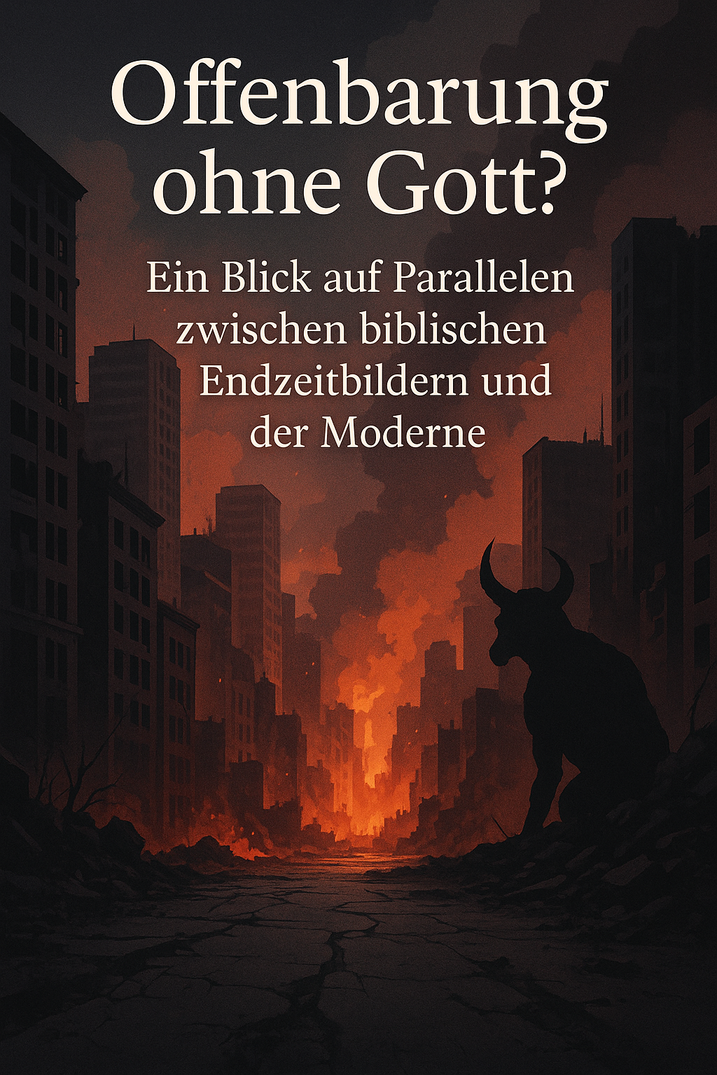 Illustration eines zerstörten, dystopischen Stadtbilds bei Sonnenuntergang. Verbrannte Hochhäuser ragen links und rechts auf, in der Mitte eine Straße mit Rissen, die in ein flammendes Inferno führt. Rechts im Vordergrund sitzt eine dämonisch wirkende Gestalt mit Hörnern, im Schatten. Darüber der Text: „Offenbarung ohne Gott? Ein Blick auf Parallelen zwischen biblischen Endzeitbildern und der Moderne“.
