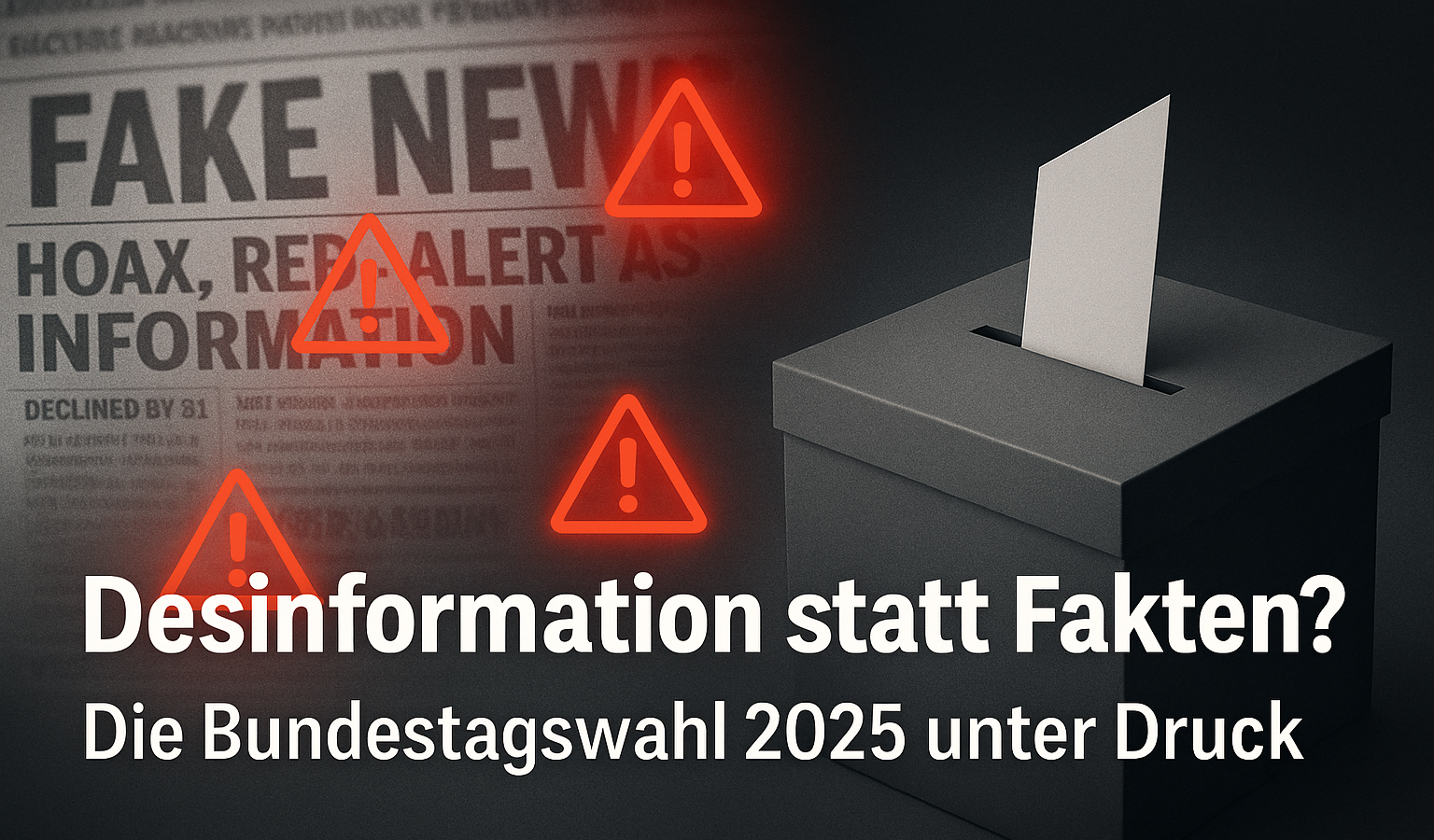 Wahlurne im Schatten, Fake-News-Schlagzeilen daneben, Text: ‚Desinformation statt Fakten? Bundestagswahl 2025 unter Druck‘.